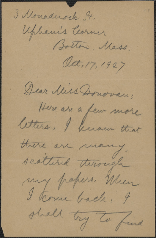 Alice Stone Blackwell autograph note signed to Mary Donovan, Boston, Mass., October 17, 1927