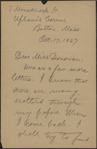 Alice Stone Blackwell autograph note signed to Mary Donovan, Boston, Mass., October 17, 1927