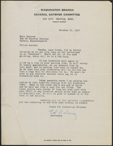 Ed Delany (General Defense Committee, Washington Branch) typed letter signed to Mary Donovan, Seattle, Wash., October 18, 1927