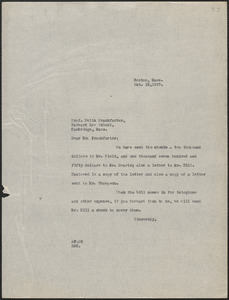 Aldino Felicani [Sacco-Vanzetti Defense Committee] typed note (copy) to Felix Frankfurter, Boston, Mass., October 19, 1927