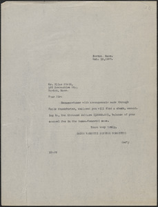 Mary Donovan (Sacco-Vanzetti Defense Committee) typed note (copy) to Elias Field, Boston, Mass., October 19, 1927
