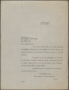 Joseph Moro (Sacco-Vanzetti Defense Committee) typed letter (copy) to Ludwig Lore, Boston, Mass., October 19, 1927