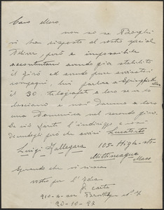 G. Carta (Sotto Comitato di Difesa Pro Sacco e Vanzetti) autograph letter signed, in Italian, to Sacco-Vanzetti Defense Committee, Brooklyn, N. Y., October 20, 1927