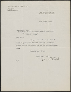 Elias Field typed note signed to Joseph Moro, Boston, Mass., October 20, 1927