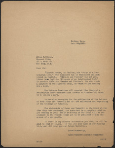 Mary Donovan (Sacco-Vanzetti Defense Committee) typed note (copy) to Alvan Rathbone, Boston, Mass., October 24, 1927