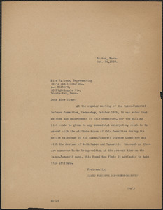 Mary Donovan (Sacco-Vanzetti Defense Committee) typed note (copy) to E. Stone, Boston, Mass., October 24, 1927