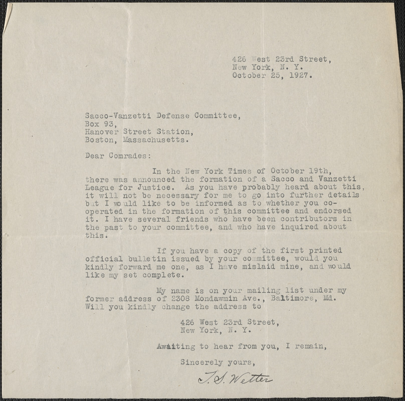 T. S. Wetter typed letter signed to Sacco-Vanzetti Defense Committee, New York, N. Y., October 25, 1927