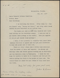 Julia C. Coons typed letter signed to Sacco-Vanzetti Defense Committee, Brooksville, Fla., October 25, 1927