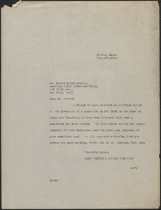 Joseph Moro (Sacco-Vanzetti Defense Committee) typed letter (copy) to Robert Morss Lovett (American Civil Liberties Union), Boston, Mass., October 27, 1927