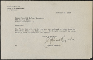 Johnson Heywood typed letter signed to Sacco-Vanzetti Defense Committee, Boston, Mass., October 28, 1927
