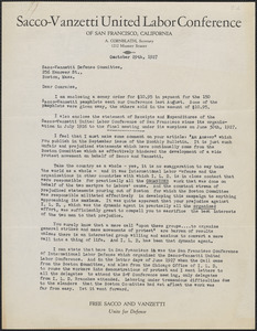 Anna Cornblath (Sacco-Vanzetti United Labor Conference of San Francisco) typed letter signed to Sacco-Vanzetti Defense Committee, San Francisco, Calif., October 29, 1927