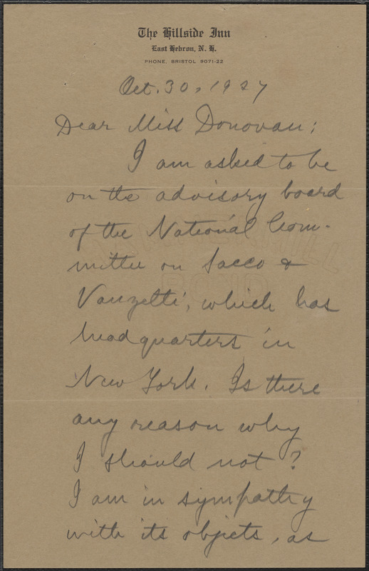 Alice Stone Blackwell autograph note signed to Mary Donovan, East Hebron, N. H., October 30, 1927