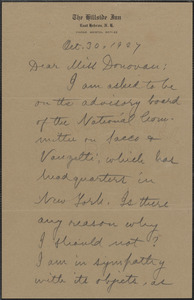 Alice Stone Blackwell autograph note signed to Mary Donovan, East Hebron, N. H., October 30, 1927