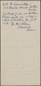 B. M. Allen autograph note signed to Sacco-Vanzetti Defense Committee, Cheshire, Conn., [November 1927?]