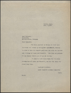 Mary Donovan (Sacco-Vanzetti Defense Committee) typed note (copy) to Emil Belzner, Boston, Mass., November 2, 1927