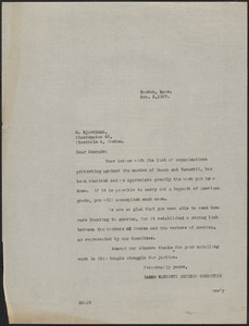 Mary Donovan (Sacco-Vanzetti Defense Committee) typed letter (copy) to C. J. Björklund (Svenska Sacco-Vanzetti Föersvarskommitten), Boston, Mass., November 2, 1927