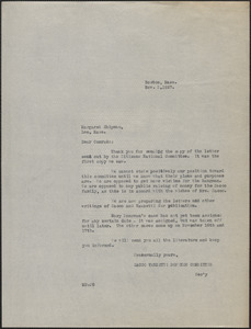 Mary Donovan (Sacco-Vanzetti Defense Committee) typed note (copy) to Margaret Shipman, Boston, Mass., November 2, 1927