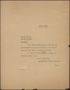 Joseph Moro (Sacco-Vanzetti Defense Committee) typed note (copy) to Gordon & Gotch, Boston, Mass., November 4, 1927