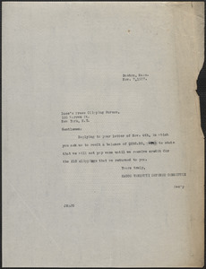 Joseph Moro (Sacco-Vanzetti Defense Committee) typed note to Luce's Press Clipping Bureau, Boston, Mass., November 7, 1927