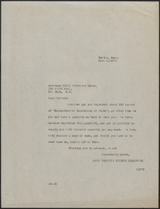 Joseph Moro (Sacco-Vanzetti Defense Committee) typed letter (copy) to American Civil Liberties Union, Boston, Mass., November 8, 1927