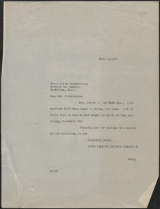 Joseph Moro (Sacco-Vanzetti Defense Committee) typed letter to Felix Frankfurter, Boston, Mass., November 8, 1927