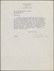 John S. Codman typed note signed to Sacco-Vanzetti Defense Committee, Boston, Mass., November 9, 1927