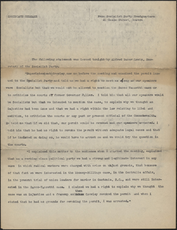 Alfred Baker Lewis (Socialist Party, New England District) press release, Boston, Mass, [December 1927]