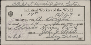 John J. Walsh (Industrial Workers of the World) receipt of payment received from Armando Borghi, Haverhill, Mass., December 1, 1927