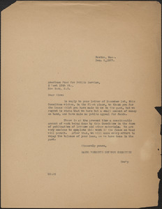 Mary Donovan (Sacco-Vanzetti Defense Committee) typed letter (copy) to The American Fund for Public Service, Inc., Boston, Mass., December 8, 1927