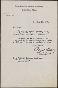 Eldon R. James typed note signed to Sacco-Vanzetti Defense Committee, Cambridge, Mass., December 10, 1927