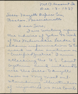 Vera E. McElroy autograph letter signed to Sacco-Vanzetti Defense Committee, Mt. Pleasant, Iowa, December 13, 1927