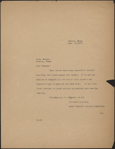 Joseph Moro (Sacco-Vanzetti Defense Committee) typed letter (copy) to Irene Benton, Boston, Mass., December 13, 1927