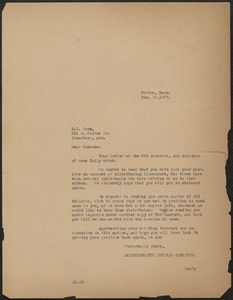 Joseph Moro (Sacco-Vanzetti Defense Committee) typed letter (copy) to R. L. Isom, Boston, Mass., December 13, 1927
