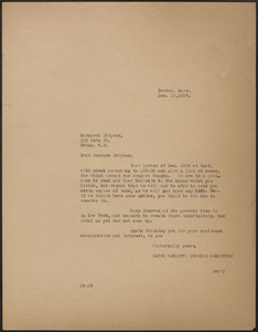 Joseph Moro (Sacco-Vanzetti Defense Committee) typed letter (copy) to Margaret Shipman, Boston, Mass., December 13, 1927