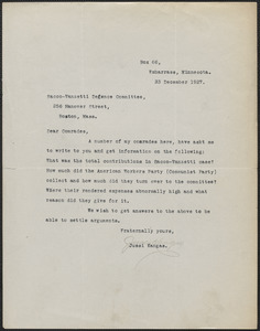 Jussi Kangas typed letter signed to Sacco-Vanzetti Defense Committee, Embarrass, Minn., December 23, 1927