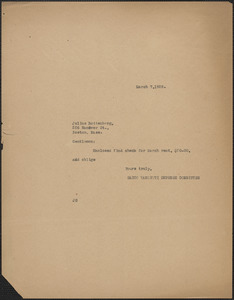 Sacco-Vanzetti Defense Committee typed note (copy) to Julius Rottenberg, Boston, Mass., March 7, 1928