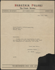 A. Gayek (Robotnik Polski - The Polish Worker) typed note to Sacco-Vanzetti Defense Committee, Detroit, Mich., July 14, 1928