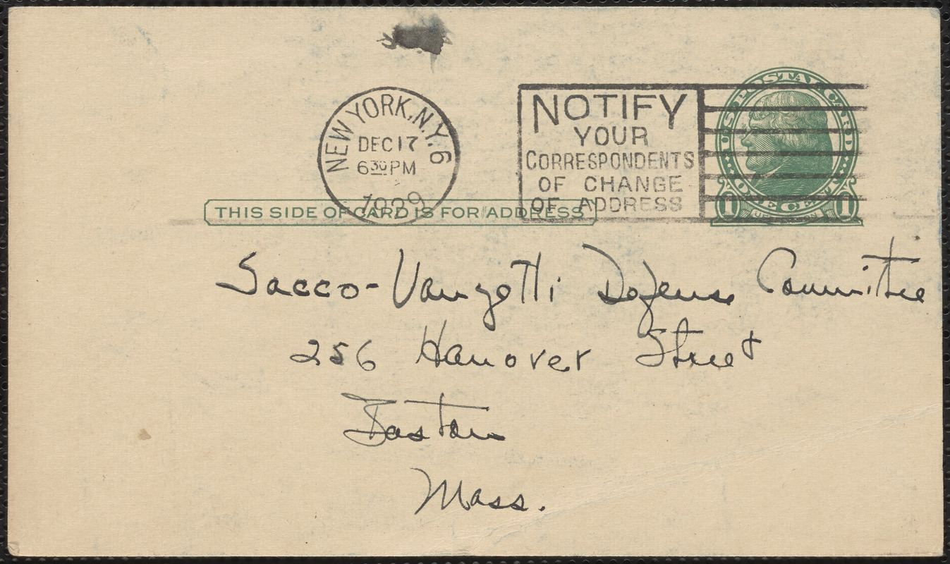 Dauber & Pine Bookshops, Inc. autograph postcard to Sacco-Vanzetti Defense Committee, December 17, 1929