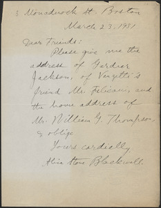 Alice Stone Blackwell autograph note signed to Sacco-Vanzetti Defense Committee, Boston, Mass., March 23, 1931