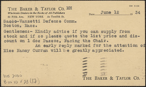 The Baker & Taylor Co. postcard to Sacco-Vanzetti Defense Committee, New York, N. Y., June 12, 1934