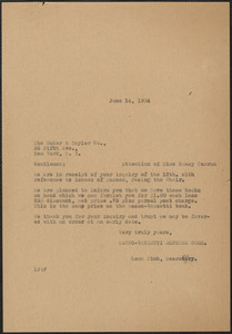 Sacco-Vanzetti Defense Committee typed letter (copy) The Baker & Taylor Co., Boston, Mass., June 14, 1934