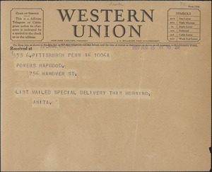 Anita telegram to Powers Hapgood, Pittsburgh, Pa., August 16, 1927