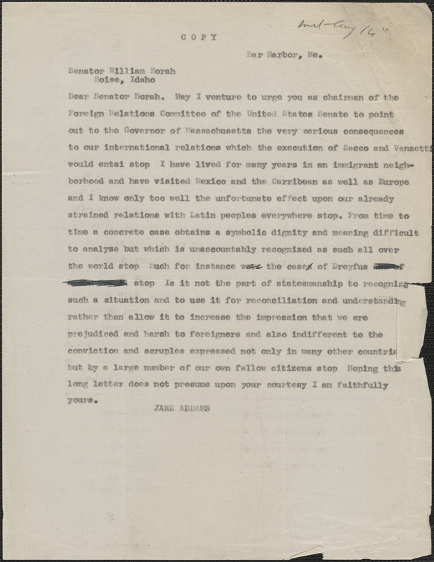 Jane Addams typed letter (copy) to William Borah, Bar Harbor, Me., August 16, [1927]