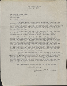 Jane Addams typed letter signed to Robert Morss Lovett, Bar Harbor, Me., August 16, 1927