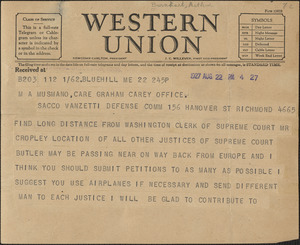 Arthur Barnhart telegram to M. A. Musmanno, Blue Hill, Me., August 22, 1927