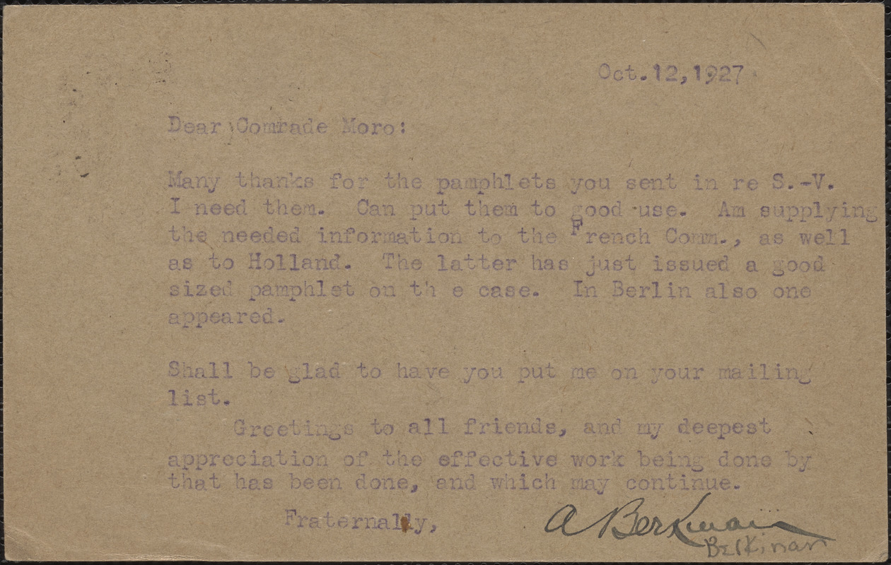 A. Berkman autograph note (postcard) to Joseph Moro, St. Cloud, France, October 12, 1927