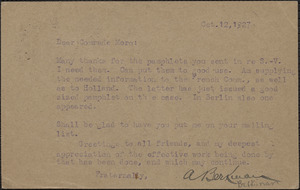 A. Berkinan autograph note (postcard) to Joseph Moro, St. Cloud, France, October 12, 1927
