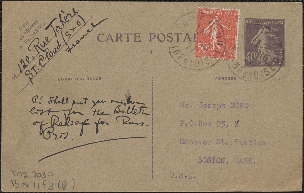 A. Berkman autograph note (postcard) to Joseph Moro, St. Cloud, France, October 12, 1927