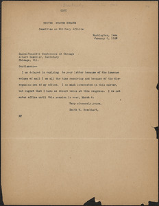 Smith W. Brookhart typed note signed to Sacco-Vanzetti Conference of Chicago, Washington, Iowa, January 5, 1928