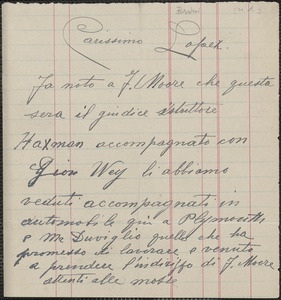 V. Brini autograph note signed, in Italian, to [Frank R.] Lopez, [Plymouth, Mass., 1923?]